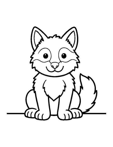 Line drawing of a fluffy wolf pup sitting with big pointed ears and paws
