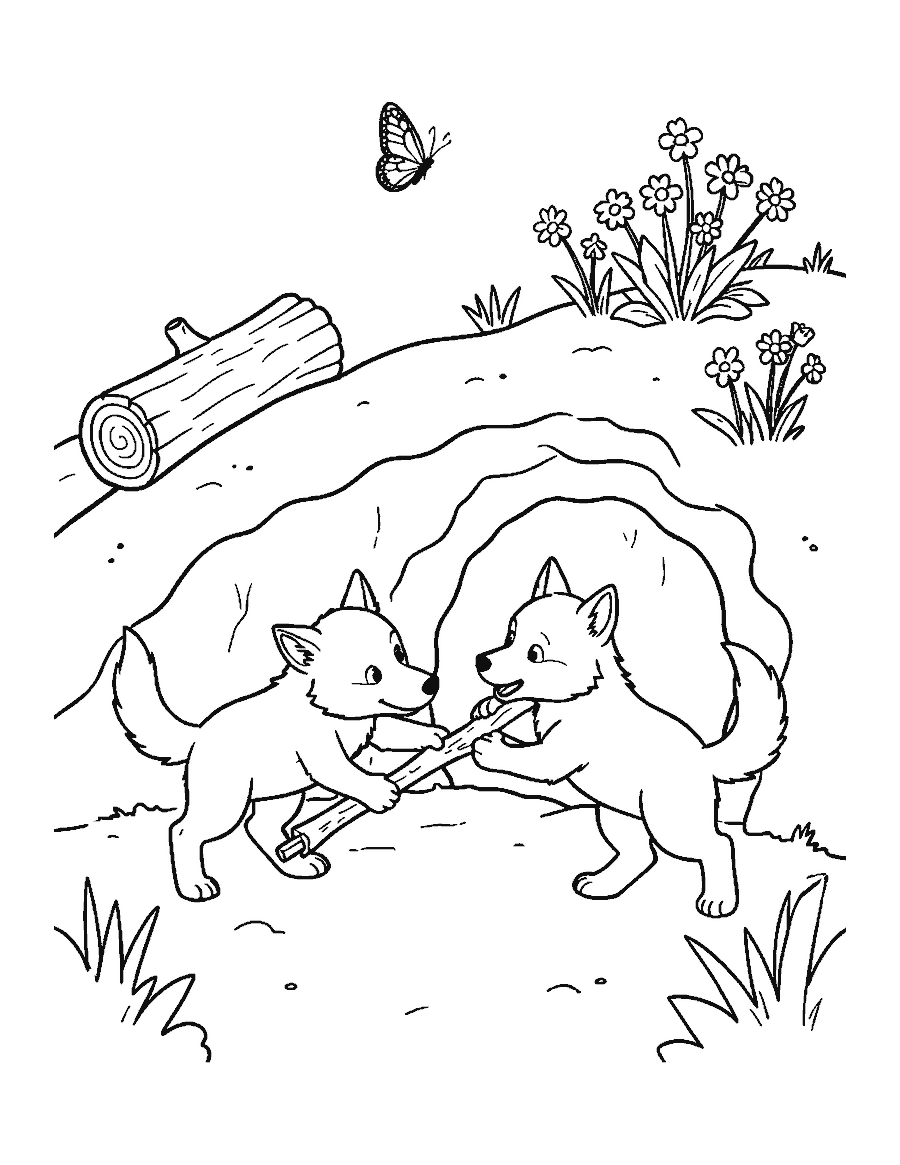 Line drawing of two wolf pups tugging on a stick outside a hillside den