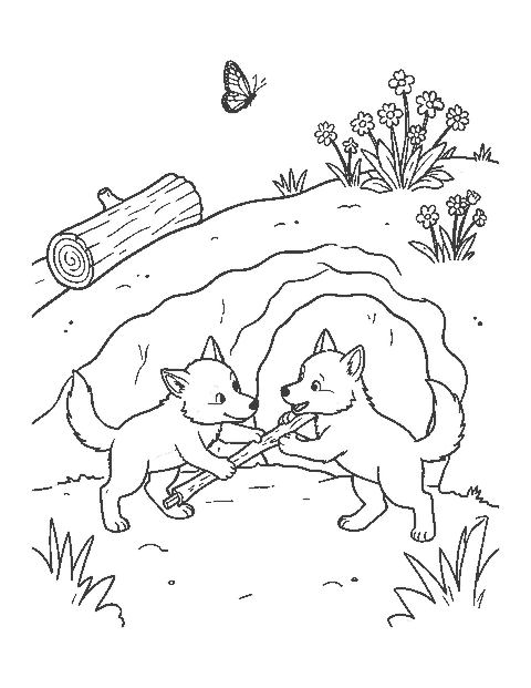 Line drawing of two wolf pups tugging on a stick outside a hillside den