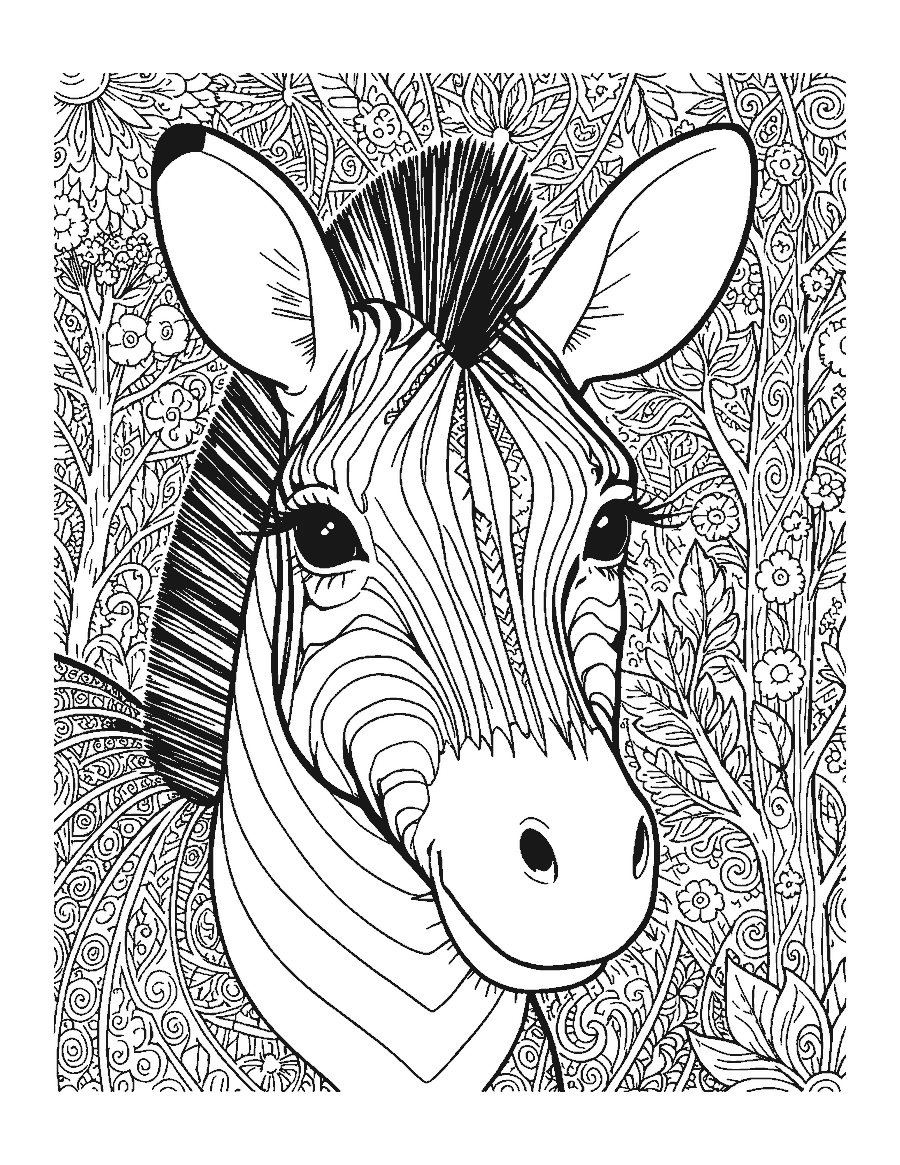 Line drawing close-up of a zebra's head with curving stripes and a spiky mane