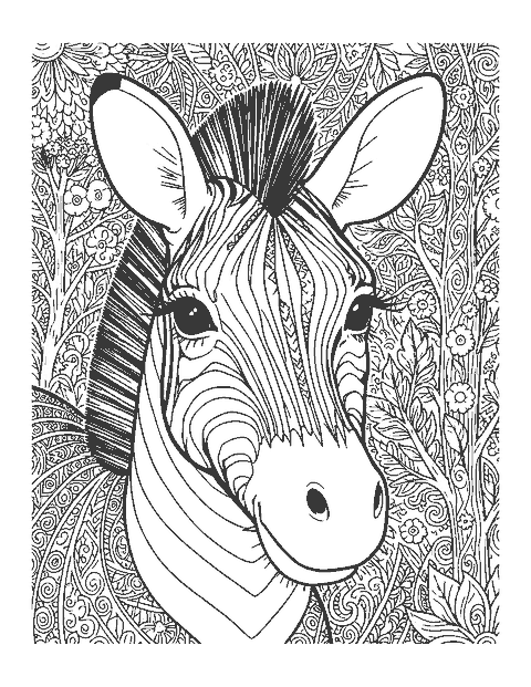 Line drawing close-up of a zebra's head with curving stripes and a spiky mane