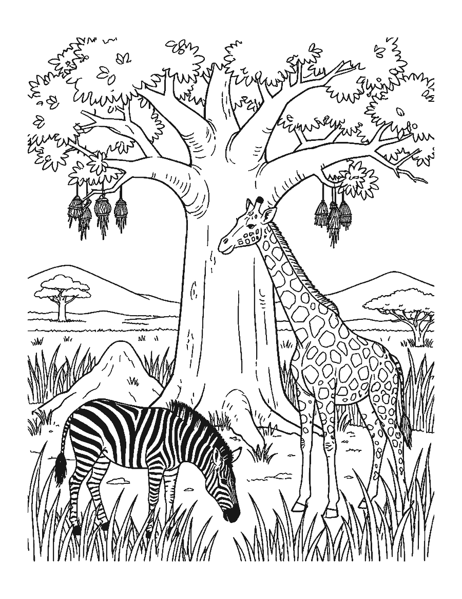 Line drawing of a zebra grazing under a baobab tree while a giraffe eats its leaves
