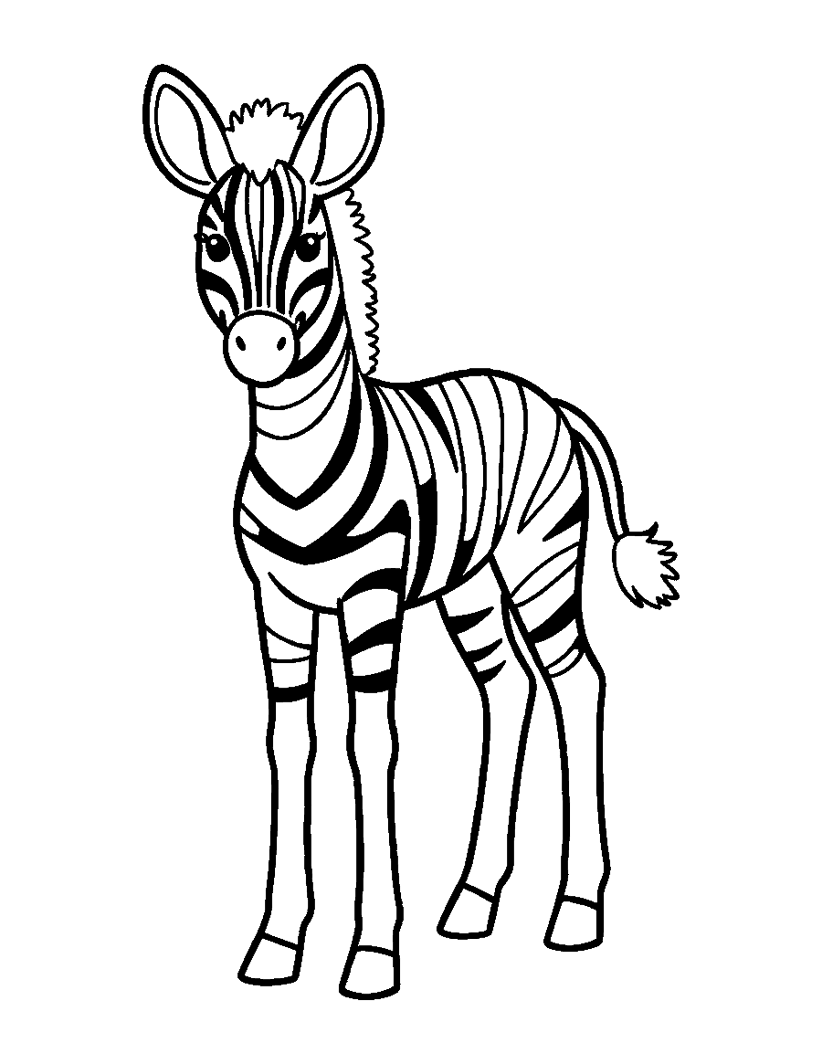 Line drawing of a zebra foal with a fuzzy mane and wide stripes