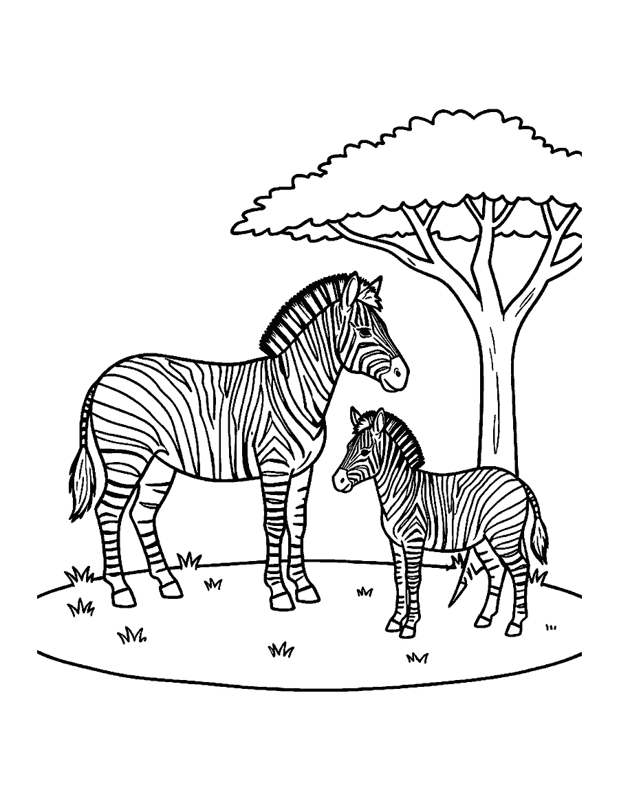 Line drawing of a zebra mother and her foal standing side by side near an acacia