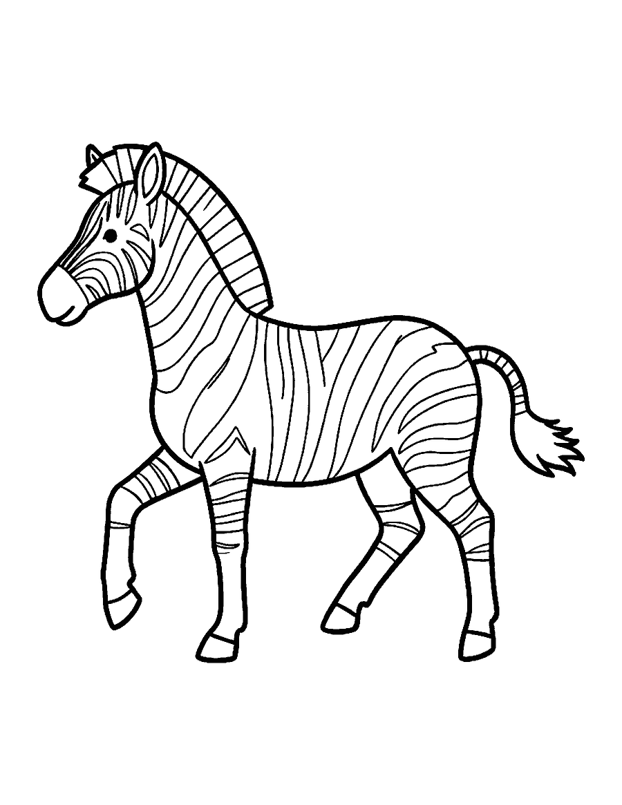 Line drawing of a striped zebra trotting side-on with one hoof lifted