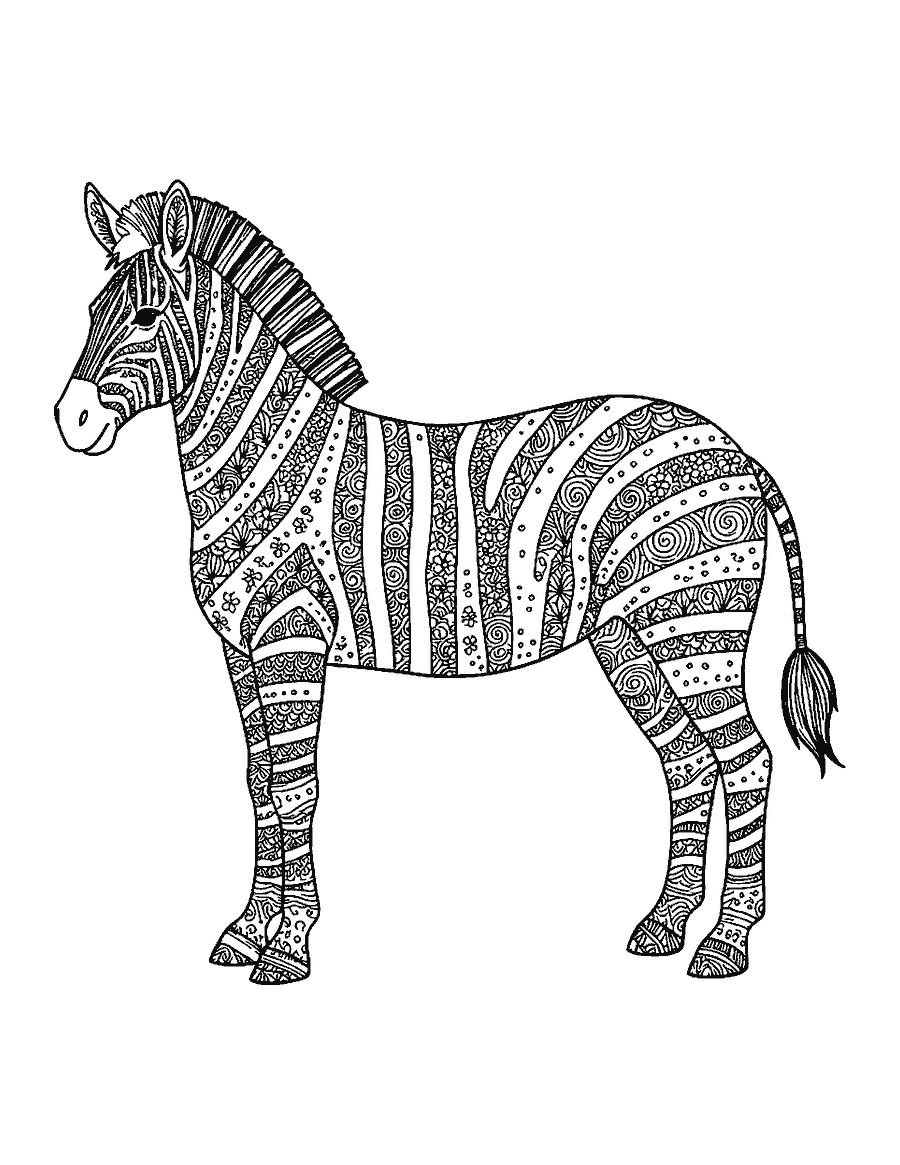 Line drawing of a zebra whose stripes are each filled with a different doodle pattern