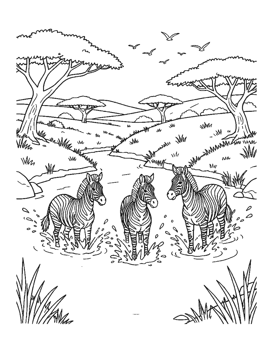 Line drawing of three zebras wading across a shallow river on the savanna