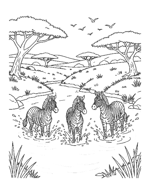 Line drawing of three zebras wading across a shallow river on the savanna