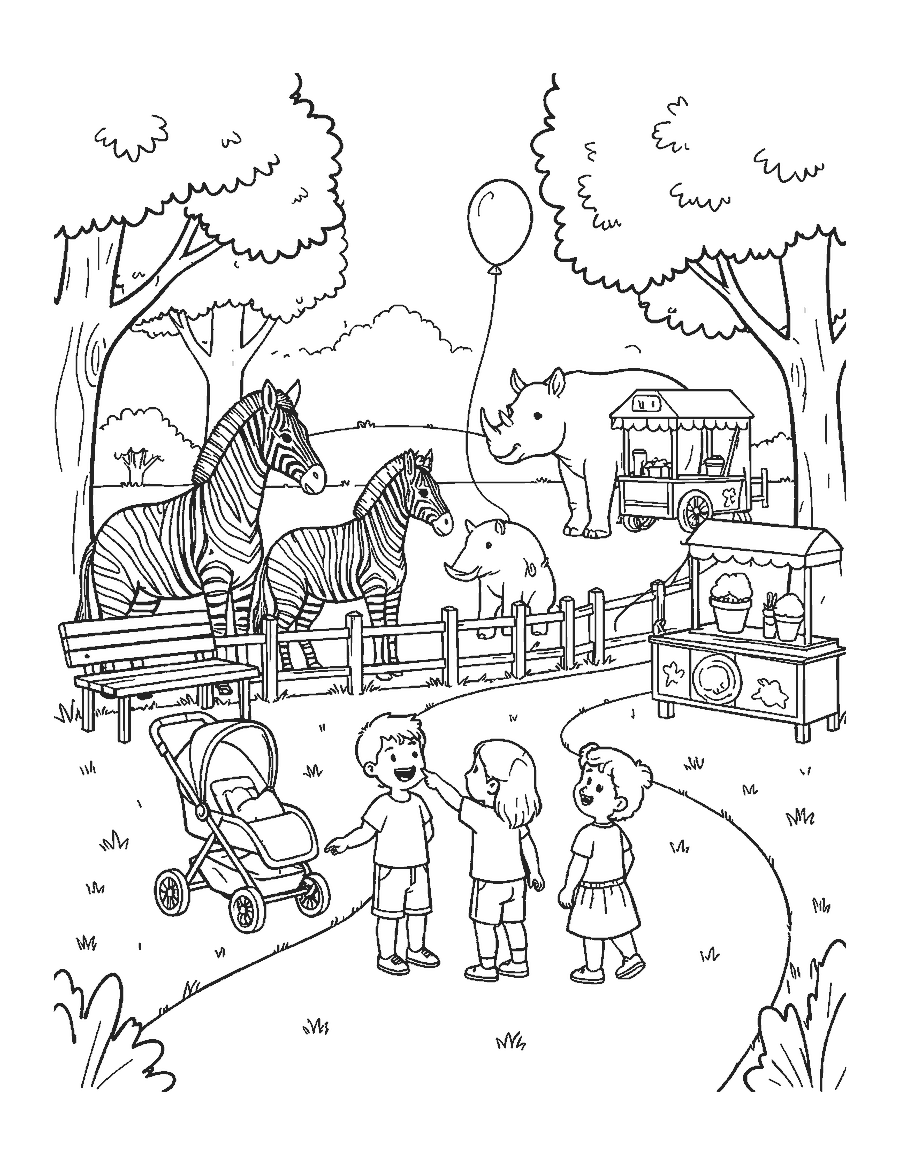 Line drawing of a family at the zoo pointing at zebras and a rhino behind a fence