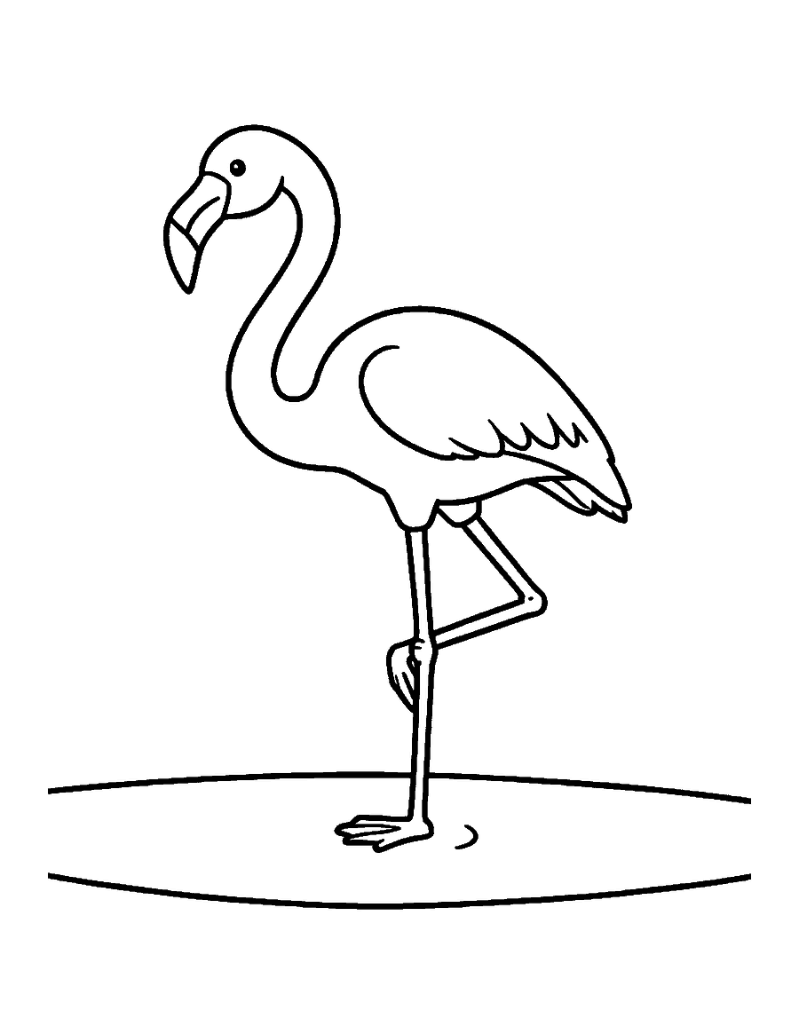 Line drawing of a flamingo balancing on one leg in shallow water