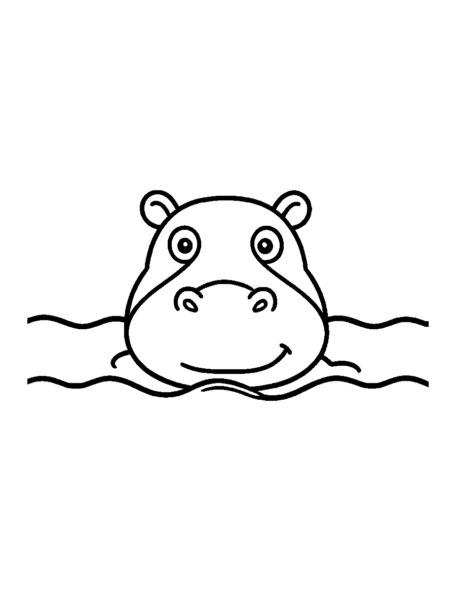 Line drawing of a hippo's head peeking up above a wavy water line