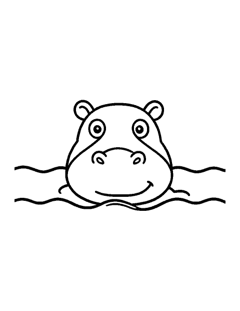 Line drawing of a hippo's head peeking up above a wavy water line