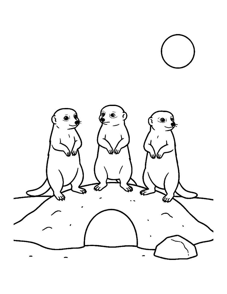 Line drawing of three meerkats standing upright on a sandy mound beside a burrow