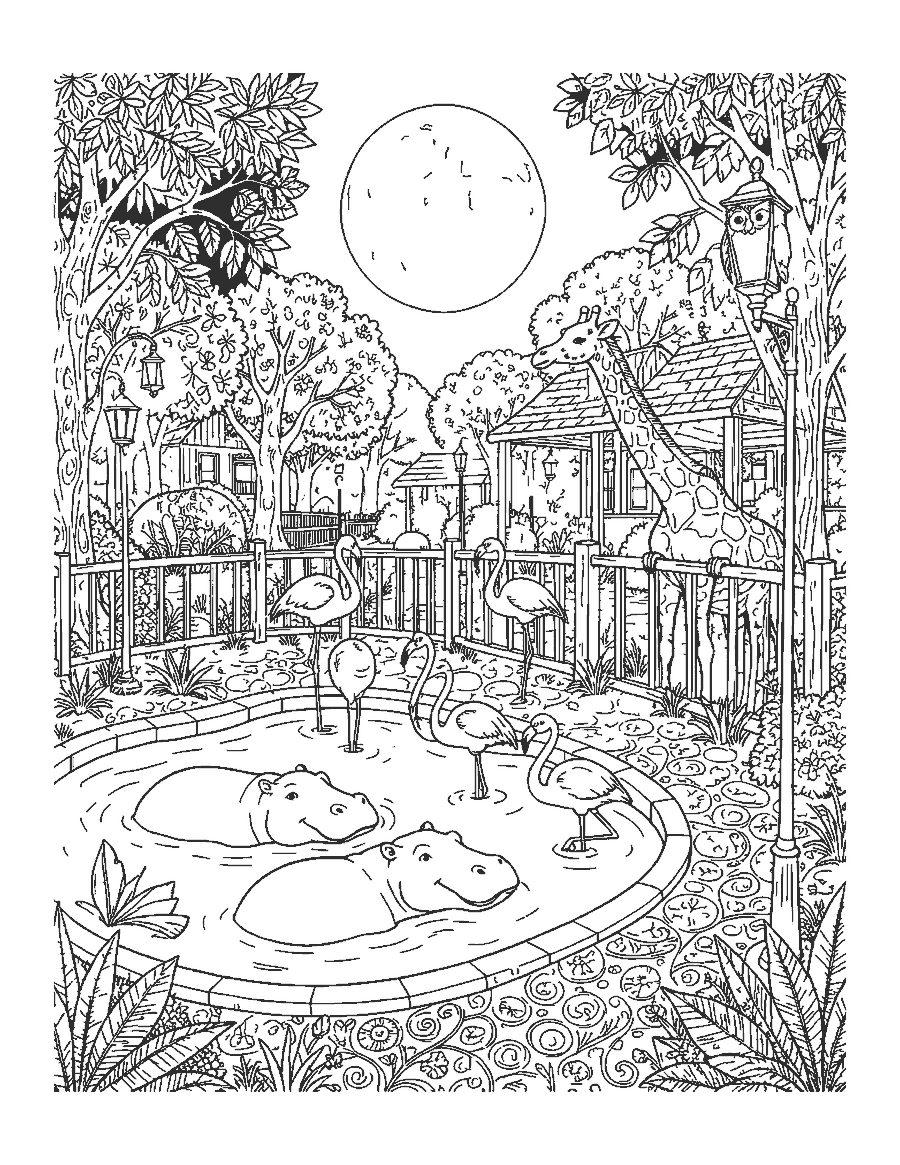 Line drawing of a zoo at night with sleeping hippos, flamingos and an owl under a full moon