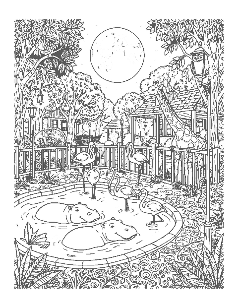Line drawing of a zoo at night with sleeping hippos, flamingos and an owl under a full moon