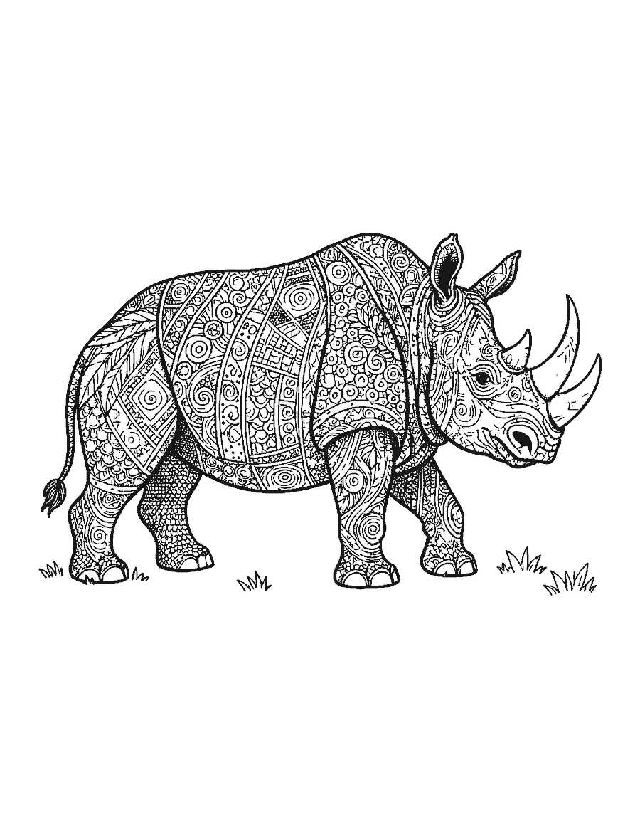 Line drawing of a rhinoceros with its body divided into doodle patterns