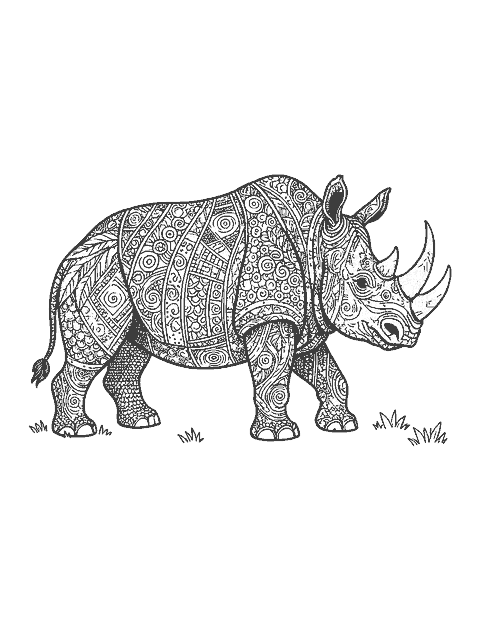 Line drawing of a rhinoceros with its body divided into doodle patterns