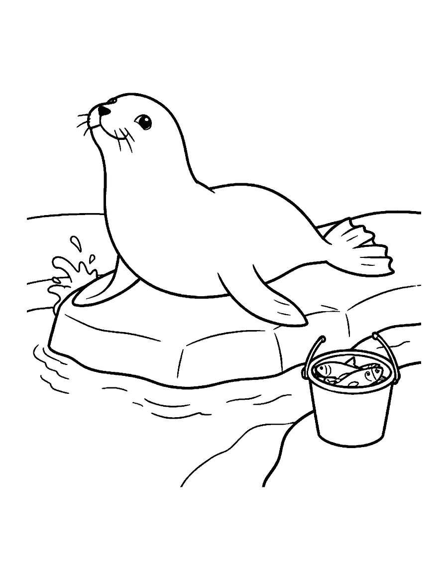 Line drawing of a sea lion resting on a rock beside a pool with a bucket of fish