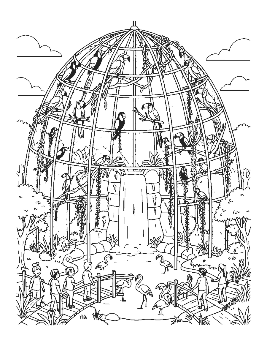 Line drawing of parrots, toucans and flamingos inside a tall aviary with a waterfall and bridge