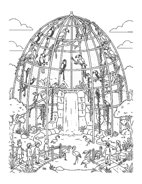 Line drawing of parrots, toucans and flamingos inside a tall aviary with a waterfall and bridge