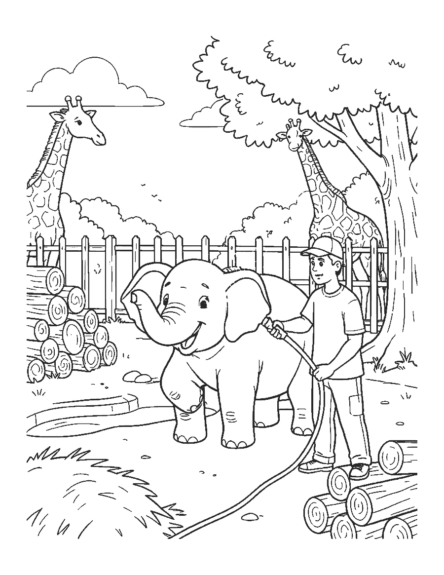 Line drawing of a zoo keeper spraying an elephant with a hose beside a pool, hay and a giraffe