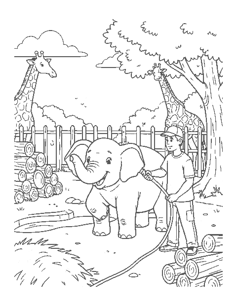Line drawing of a zoo keeper spraying an elephant with a hose beside a pool, hay and a giraffe