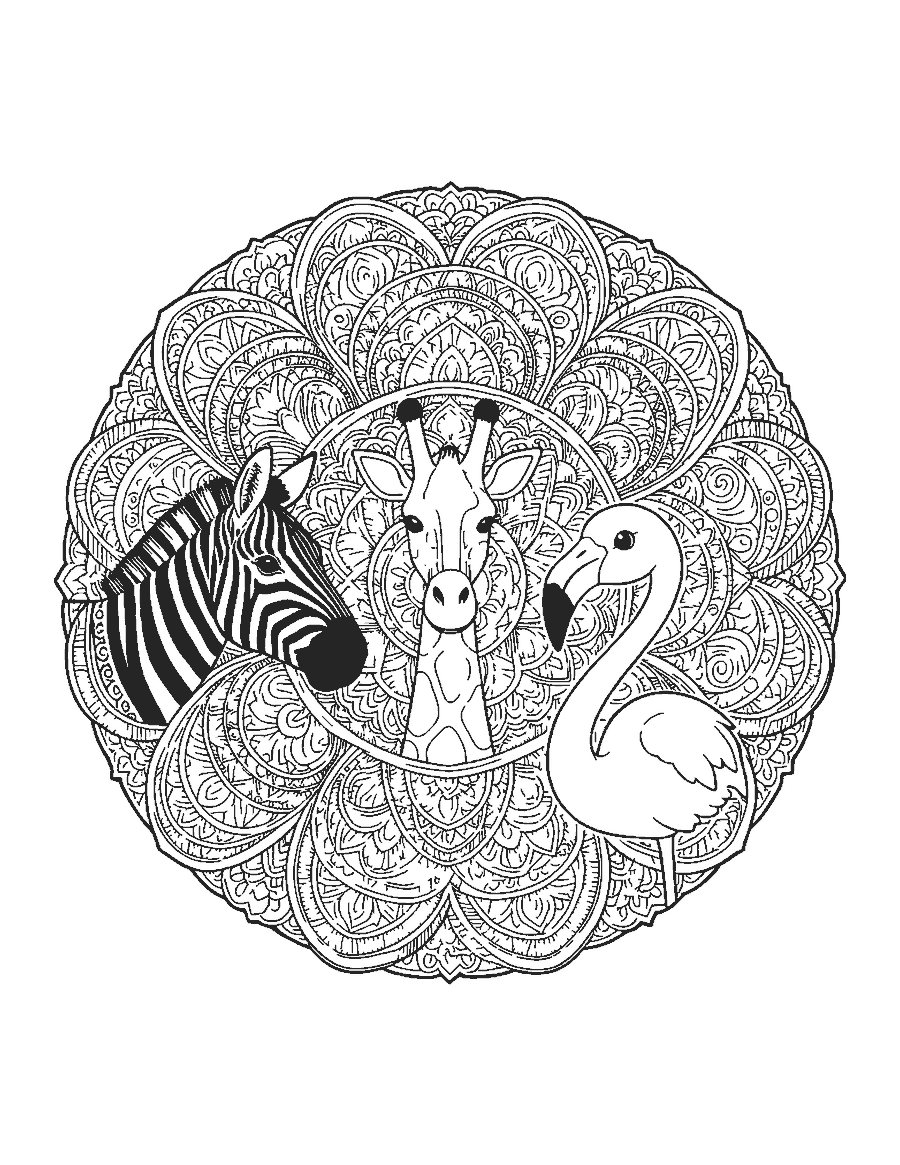 Line drawing of a round patterned mandala with a zebra, a giraffe and a flamingo head in its petals