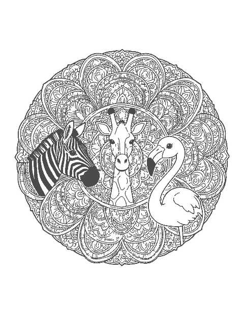 Line drawing of a round patterned mandala with a zebra, a giraffe and a flamingo head in its petals